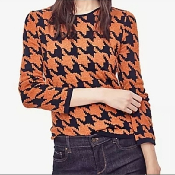 NWT Ann Taylor Sweater Wool Herringbone Houndstooth 3/4 Sleeve Crewneck Winter - Picture 1 of 9